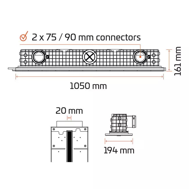 Schéma de la grille LINEO PRO PUZZLE : longueur 105 cm, forme linéaire encastrable sans bord apparent