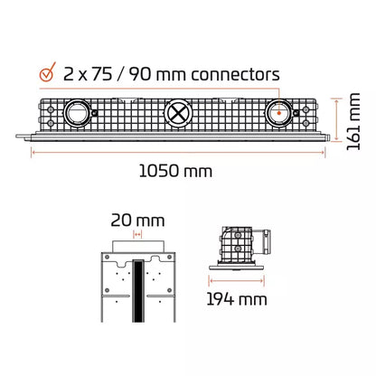 Schéma de la grille LINEO PRO PUZZLE : longueur 105 cm, forme linéaire encastrable sans bord apparent