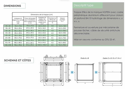 Schéma technique et tableau des dimensions d’une trappe de visite plafond aluminium HOPEN pour cloison et plafond BA13 hydrofuge