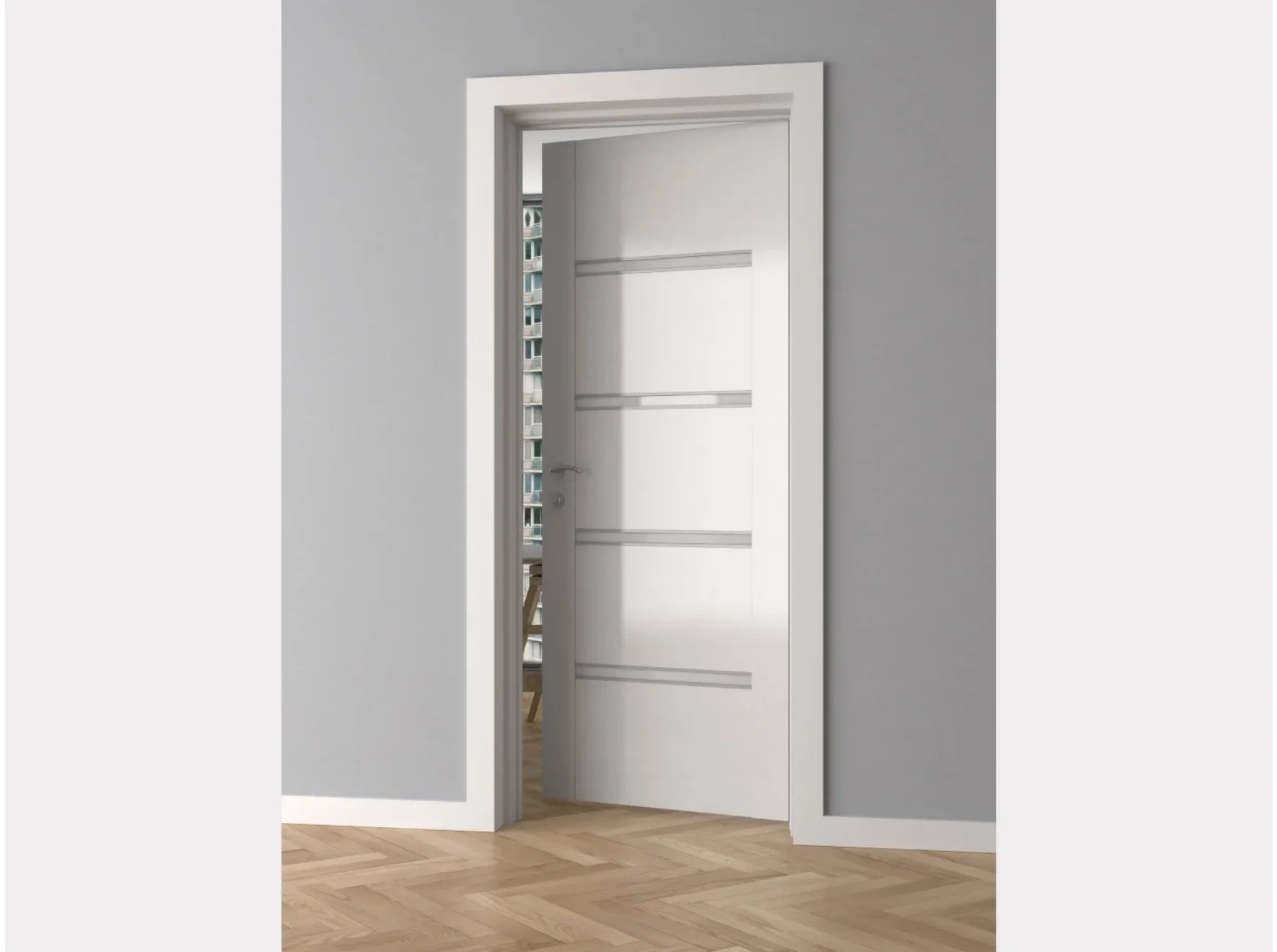 Cadre de porte décoratif blanc MD008E installé dans un intérieur moderne - dimensions 240 x 8 x 1,7 cm