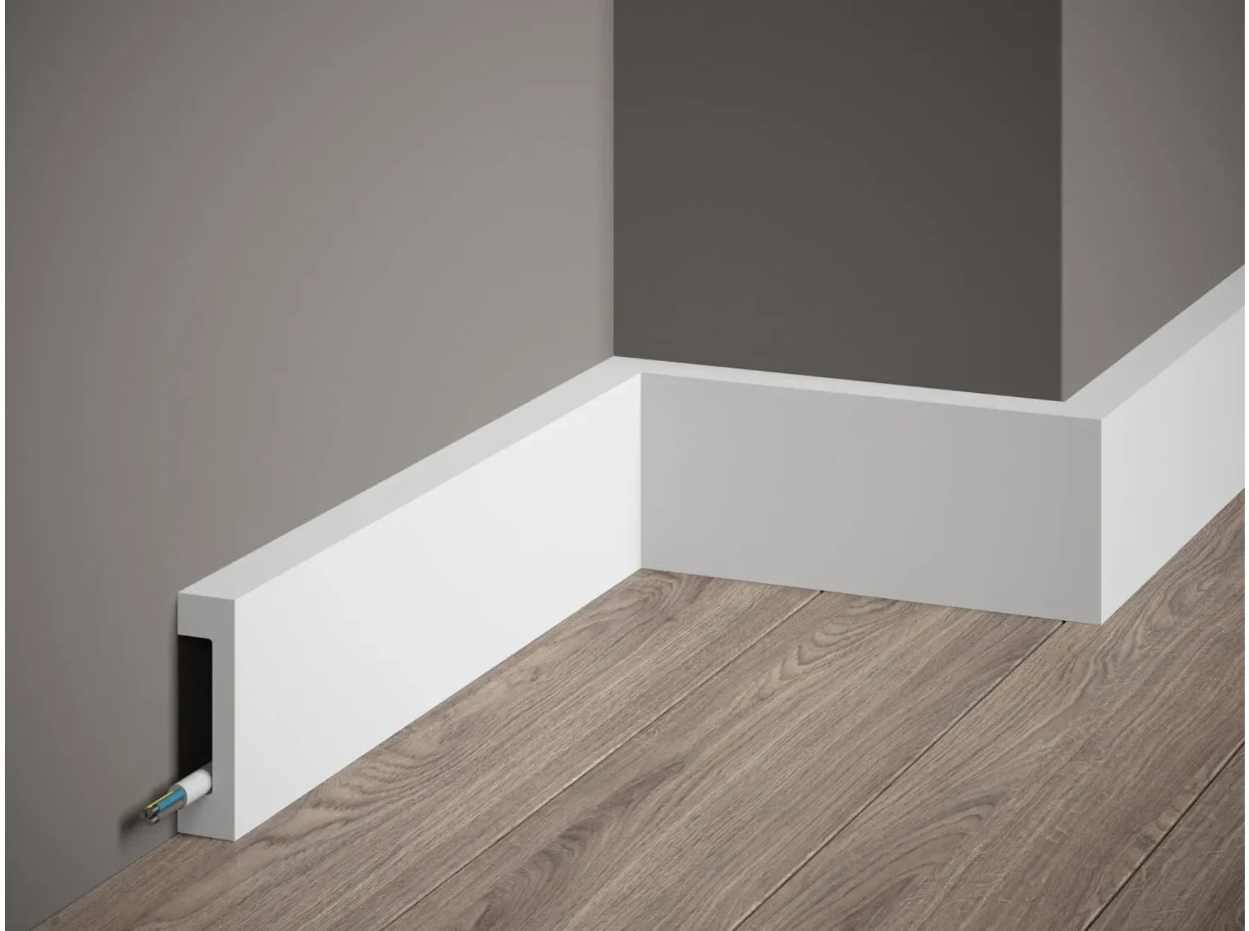 Base du cadre de porte MD008E avec plinthe intégrée et passage de câble - finition blanche contemporaine