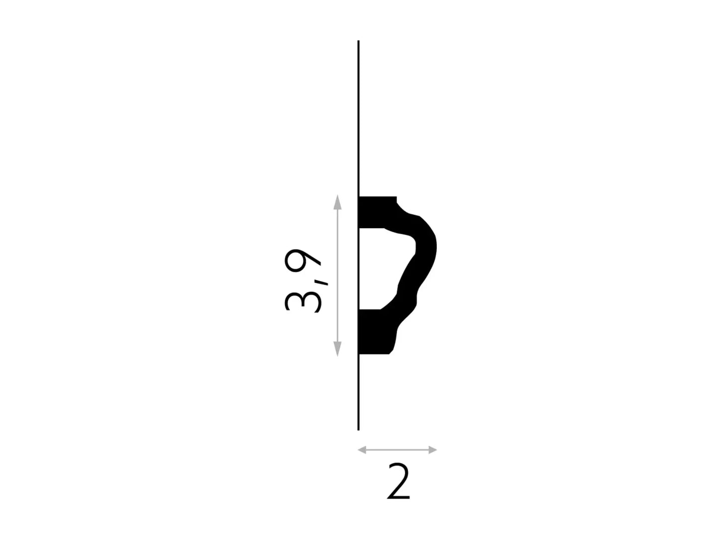 Profil technique de la moulure murale MD255, dimensions 200 cm de long, 3,9 cm de hauteur, 2 cm de profondeur