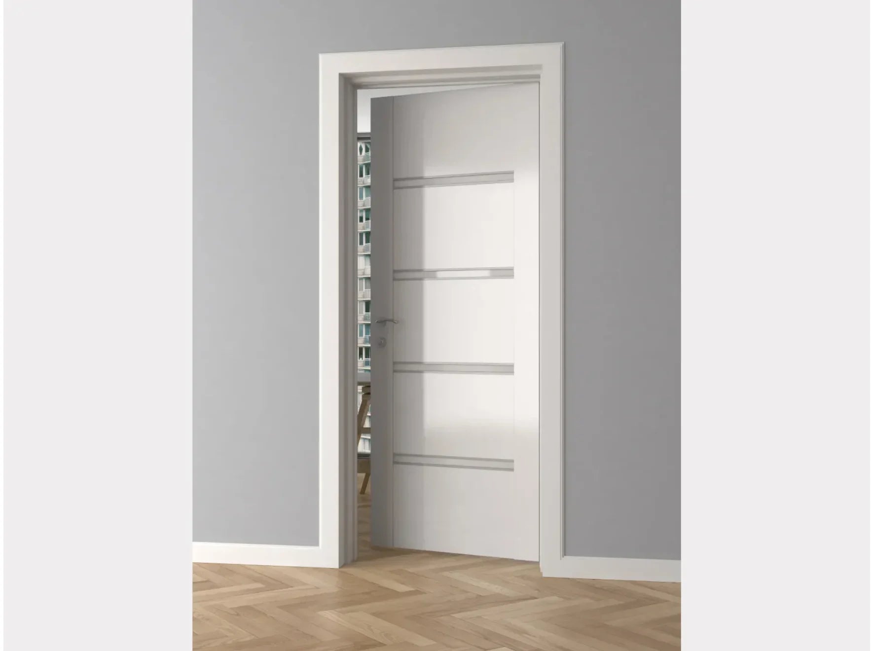Cadre de porte décoratif blanc MD258E 240x8,1x1 cm avec porte ouverte, design moderne et élégant pour intérieur contemporain