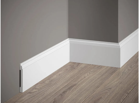 Vue en coin du cadre de porte MD258E avec espace pour câble intégré, finition blanche moderne et épurée