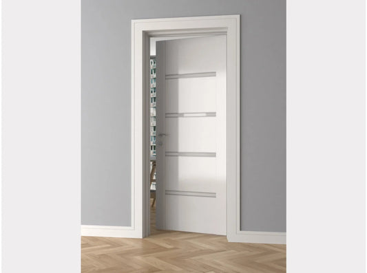 Cadre de porte blanc modèle MD356E installé dans une pièce moderne - dimensions 240 x 11 x 1,5 cm