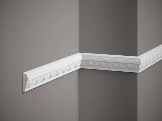 Moulure murale décorative MDC255 en polystyrène, dimensions 200 x 5 x 1,6 cm, installée sur mur gris pour décoration intérieure élégante.