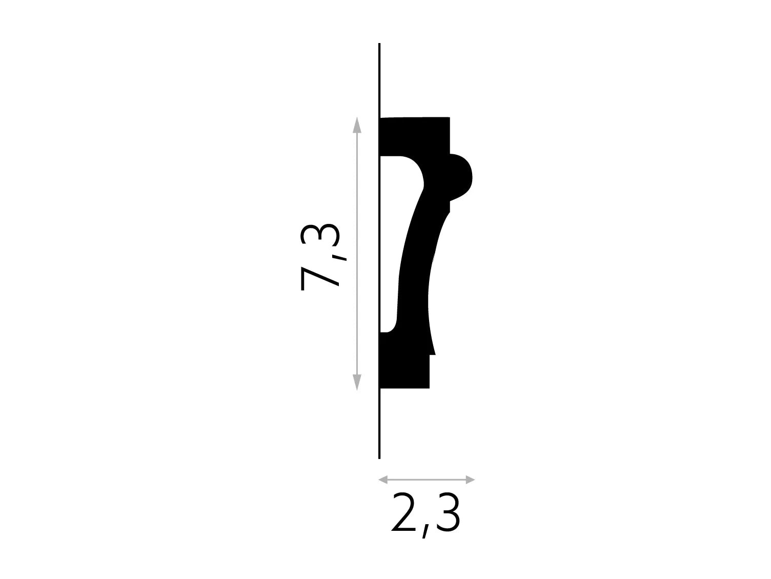 Schéma technique de la moulure murale MD007 avec dimensions 200 x 7,3 x 2,3 cm.