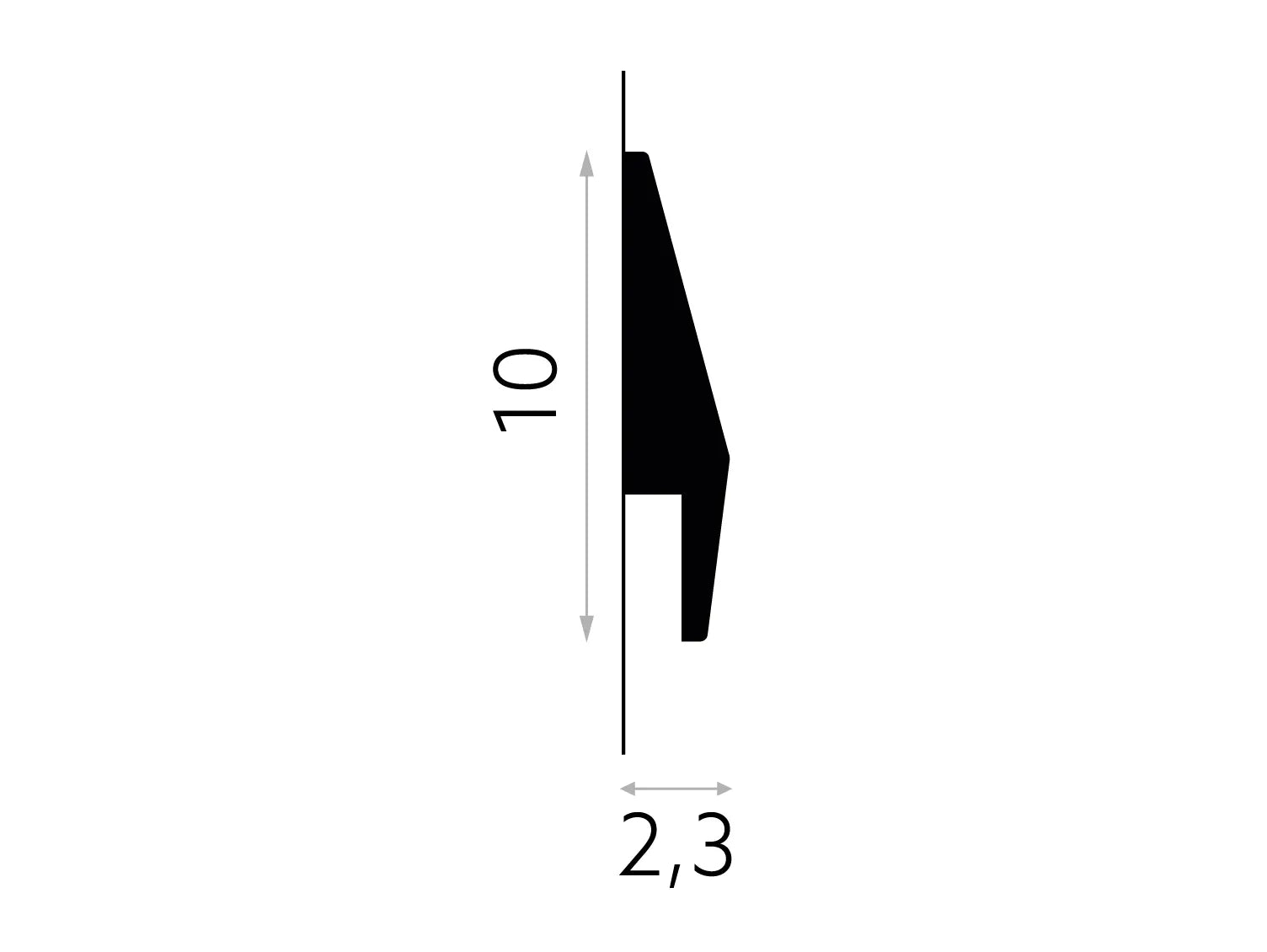 Schéma technique de la moulure murale MD016 - dimensions 200 x 10 x 2,3 cm, profil décoratif moderne pour habillage mural intérieur