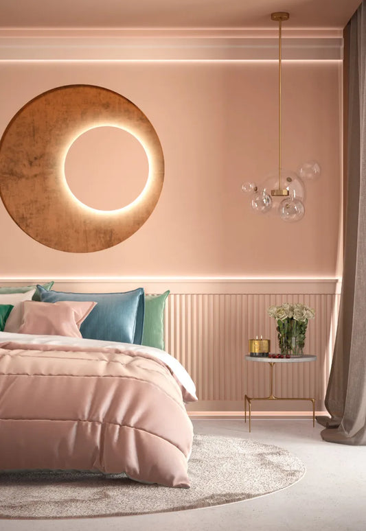 Moulure murale MD025 installée dans une chambre moderne, utilisée avec éclairage LED indirect pour une décoration murale élégante