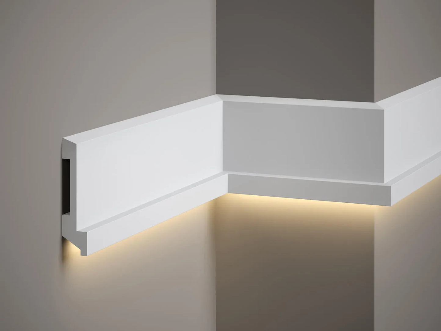 Moulure murale MD025 en polystyrène blanc avec profil moderne de 200 x 11 x 2,7 cm, idéale pour intégration de bande LED décorative