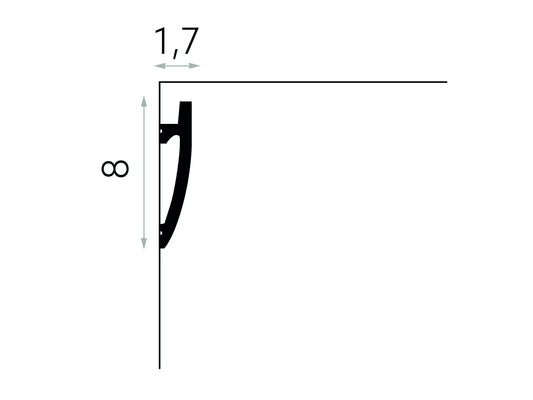 Schéma technique de la moulure murale MD030 avec dimensions 200 x 8 x 1,7 cm