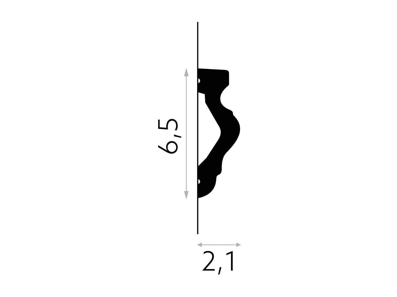 Schéma technique de la moulure murale MD308 avec dimensions 200 x 6,5 x 2,1 cm