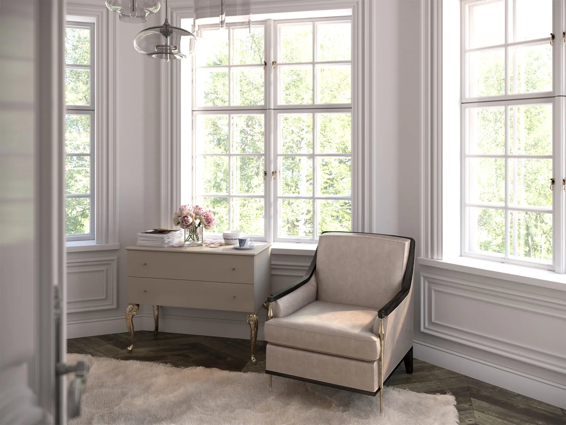 Moulure murale MD314 en finition blanche installée autour des fenêtres, créant une décoration chic et intemporelle