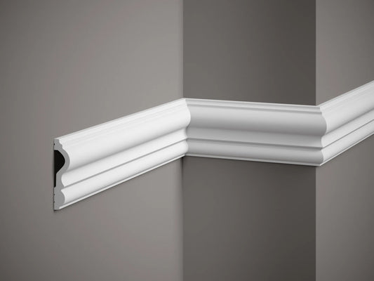 Moulure murale décorative MD338 en polystyrène, dimensions 200 x 8 x 2,1 cm, installation sur angle de mur pour décoration intérieure