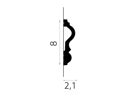 Schéma coté de la moulure MD338 en PolyForce, profil de 8 × 2,1 cm