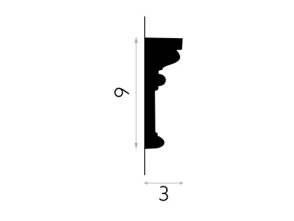 Schéma technique de la moulure murale MDD305 - dimensions 200 x 9 x 3 cm, profil décoratif en polystyrène pour habillage mural