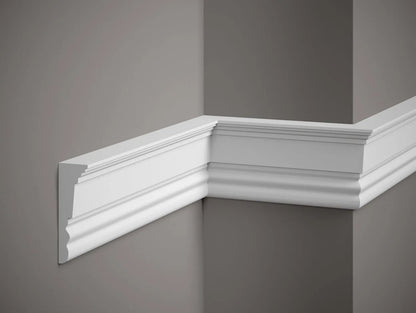 Moulure murale MDD334 en polystyrène blanc, profil décoratif classique de 200 x 10,1 x 3,3 cm, idéale pour habillage mural élégant