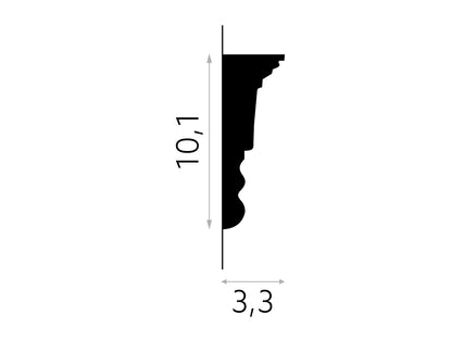 Schéma technique de la moulure murale MDD334 - dimensions 200 x 10,1 x 3,3 cm, profil décoratif pour finitions murales intérieures
