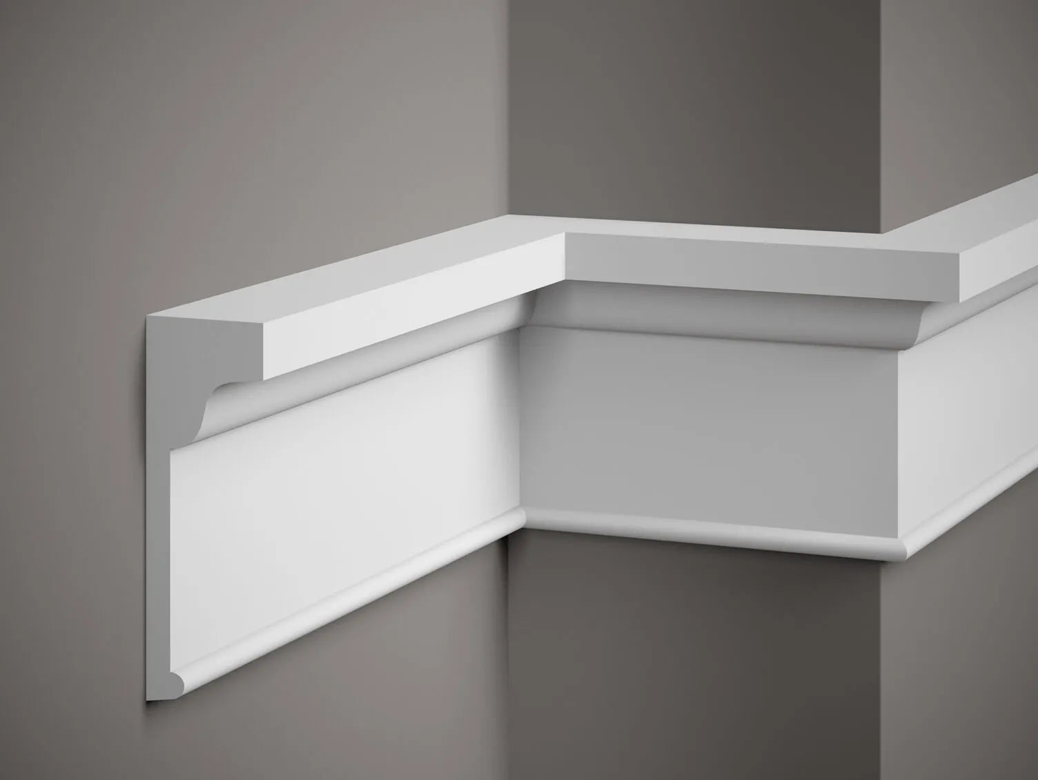  Moulure murale décorative MDD335 en polystyrène 200 x 15,5 x 5,4 cm installée sur un angle de mur intérieur  Moulure murale décorative MDD335 en polystyrène 200 x 15,5 x 5,4 cm installée sur un angle de mur intérieur