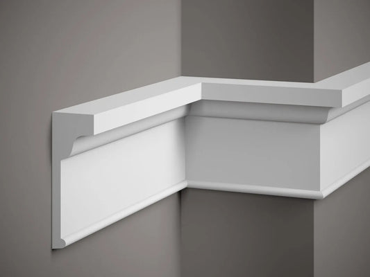  Moulure murale décorative MDD335 en polystyrène 200 x 15,5 x 5,4 cm installée sur un angle de mur intérieur  Moulure murale décorative MDD335 en polystyrène 200 x 15,5 x 5,4 cm installée sur un angle de mur intérieur
