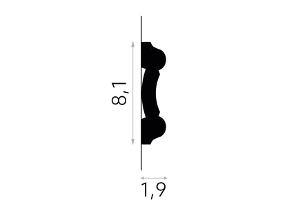 Schéma technique de la moulure murale MDD339 - dimensions 200 x 8,1 x 1,9 cm, profil décoratif pour finitions murales intérieures