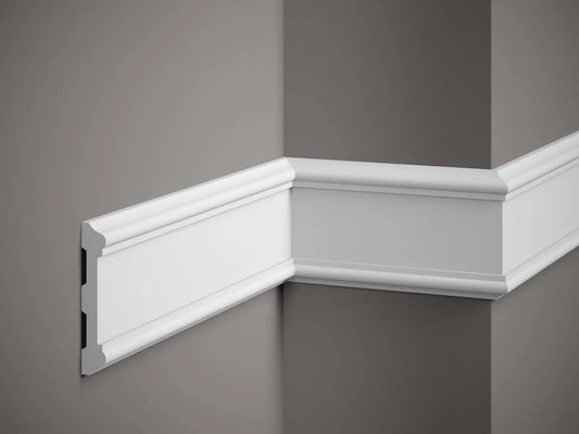 Moulure murale MDD410 en polystyrène blanc, profil décoratif classique de 200 x 10,8 x 2 cm, idéale pour habillage mural élégant