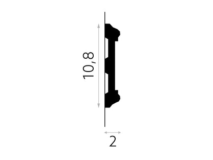 Schéma technique de la moulure murale MDD410 - dimensions 200 x 10,8 x 2 cm, profil décoratif en polystyrène pour finitions murales intérieures Schéma technique de la moulure murale MDD410 - dimensions 200 x 10,8 x 2 cm, profil décoratif en polystyrène pour finitions murales intérieures