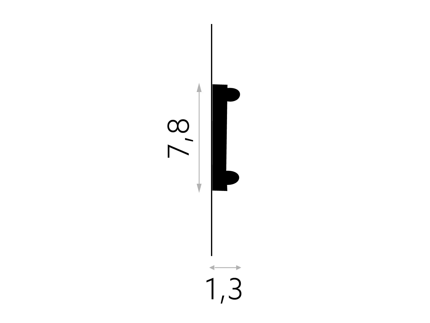 Profil de la moulure murale décorative MDC217, dimensions 200 x 7,8 x 1,3 cm, idéale pour habillage mural raffiné et aménagement intérieur