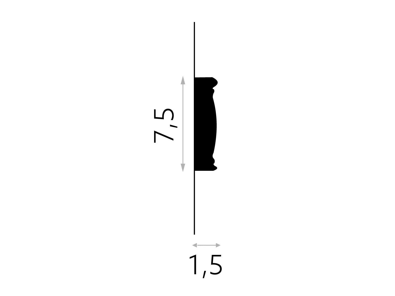 Profil de la moulure murale décorative MDC239, dimensions 200 x 7,5 x 1,5 cm, idéale pour habillage mural et aménagement intérieur