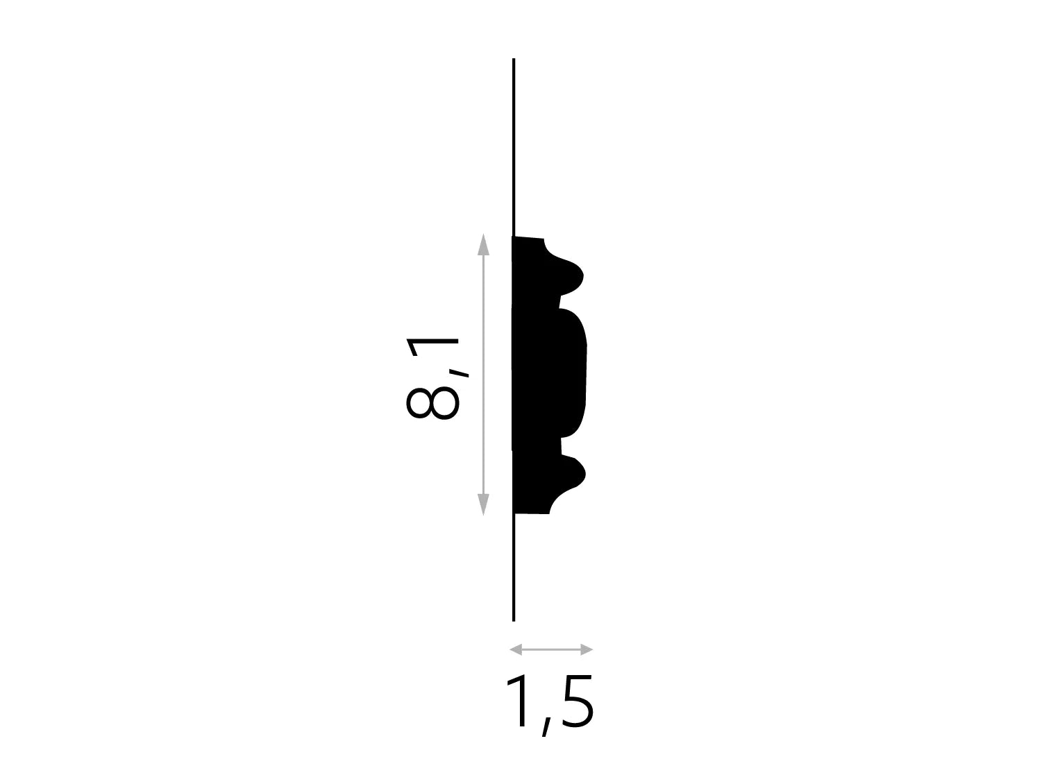 Profil de la moulure murale décorative MDC250, dimensions 200 x 8,1 x 1,5 cm, idéale pour habillage mural raffiné et aménagement intérieur