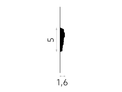 Profil de la moulure murale décorative MDC255, dimensions 200 x 5 x 1,6 cm, idéale pour habillage mural et décoration intérieure.