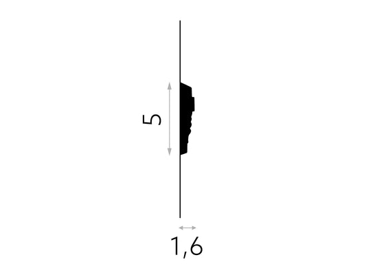 Profil de la moulure murale décorative MDC255, dimensions 200 x 5 x 1,6 cm, idéale pour habillage mural et décoration intérieure.