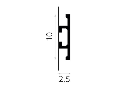 Schéma technique de la moulure murale QL017 - dimensions 200 x 10 x 2,5 cm, profil décoratif moderne en polystyrène pour finitions murales
