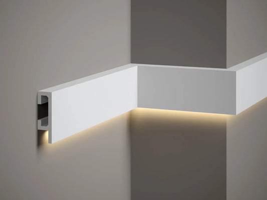 Moulure murale QL019 avec éclairage LED indirect, profil design moderne pour décoration murale élégante et ambiance lumineuse