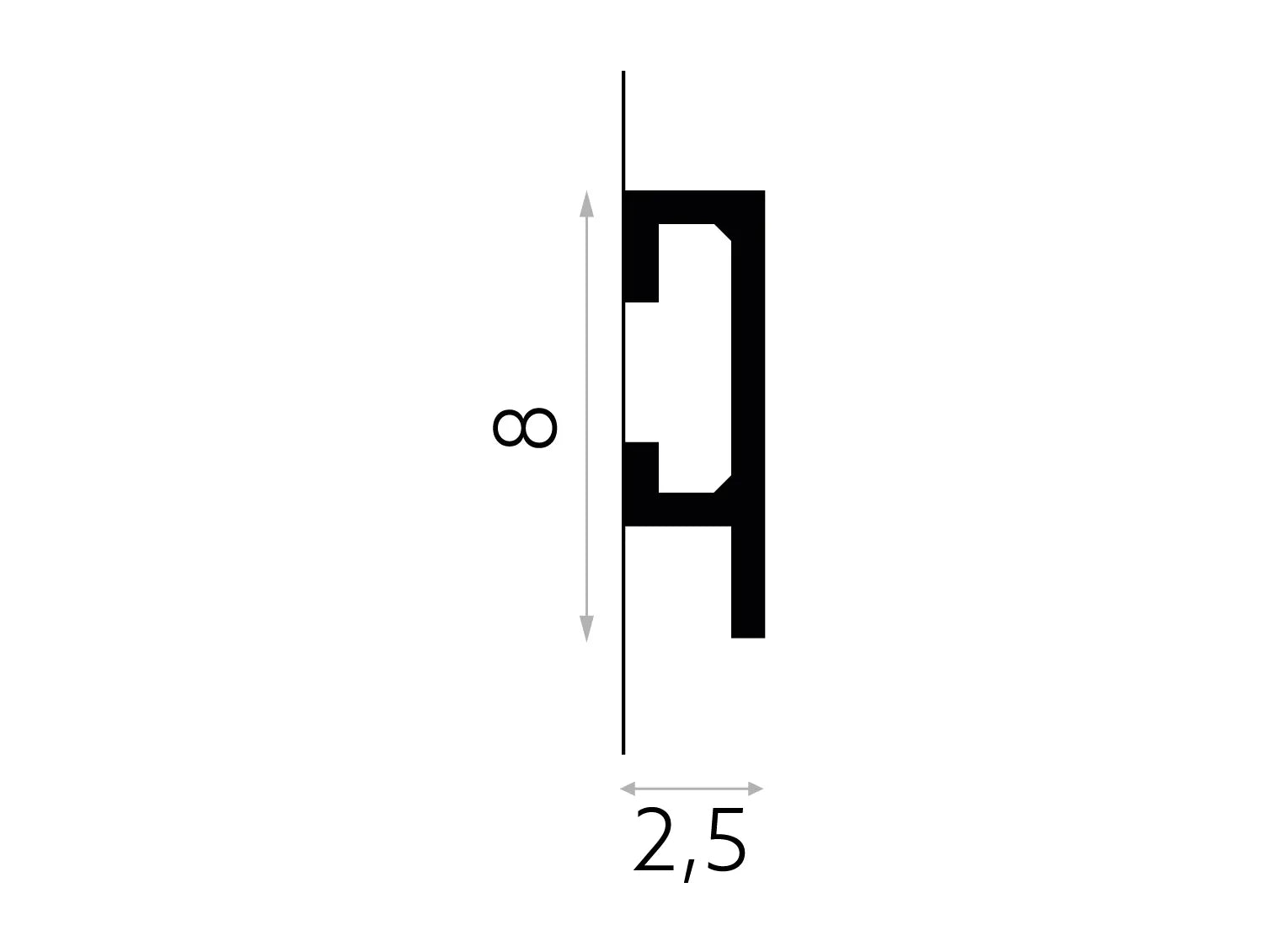 Schéma technique de la moulure murale QL019 - dimensions 200 x 8 x 2,5 cm, profil moderne pour décoration intérieure