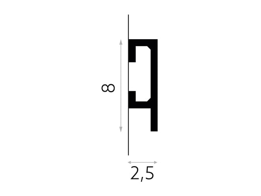 Schéma coté de la moulure QL019 en PolyForce, profil de 8 × 2,5 cm