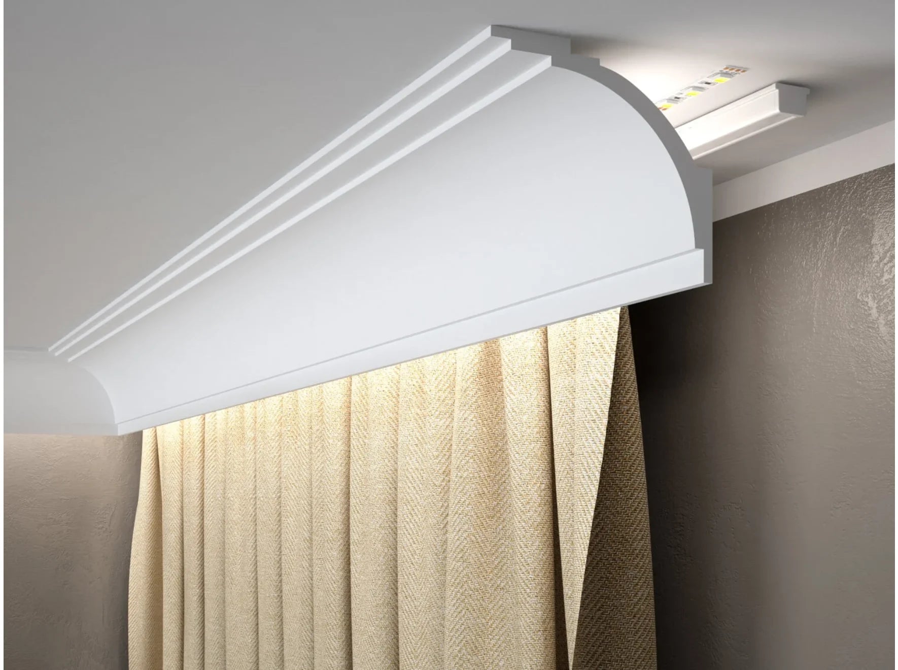 Corniche cache-rideau MD105 installée au plafond avec rideaux et éclairage LED indirect, cache-tringle design blanc