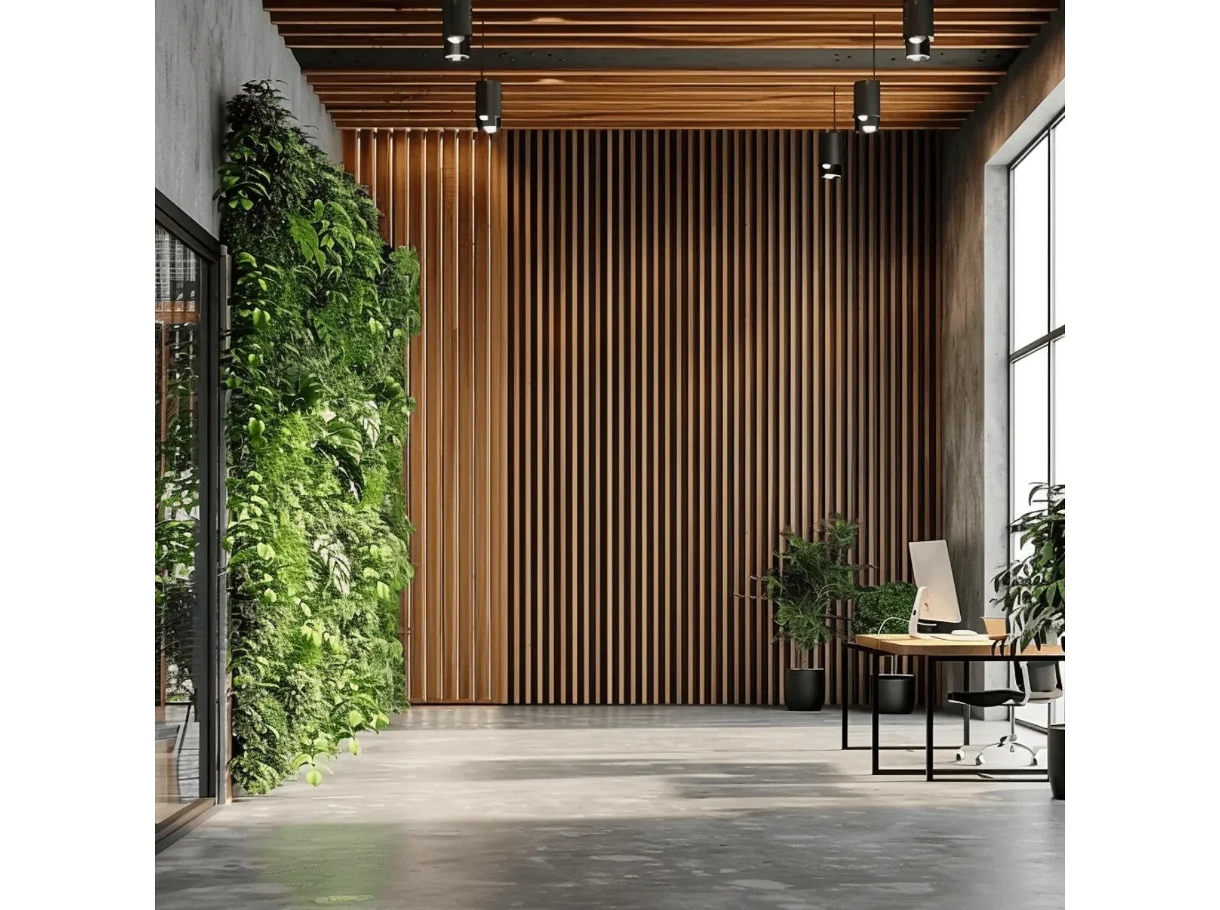 Mur en panneaux 3D Stretto chêne naturel dans un bureau moderne avec mur végétal et éclairage architectural