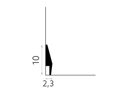 Schéma technique de la plinthe décorative MD016 – hauteur 10 cm, épaisseur 2,3 cm – profil biseauté