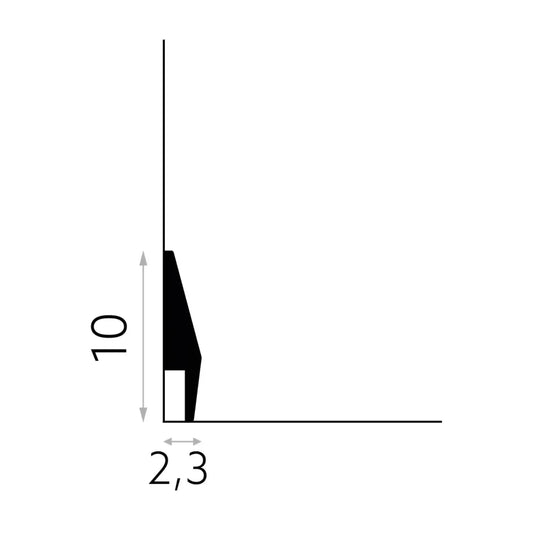 Schéma technique de la plinthe décorative MD016 – hauteur 10 cm, épaisseur 2,3 cm – profil biseauté