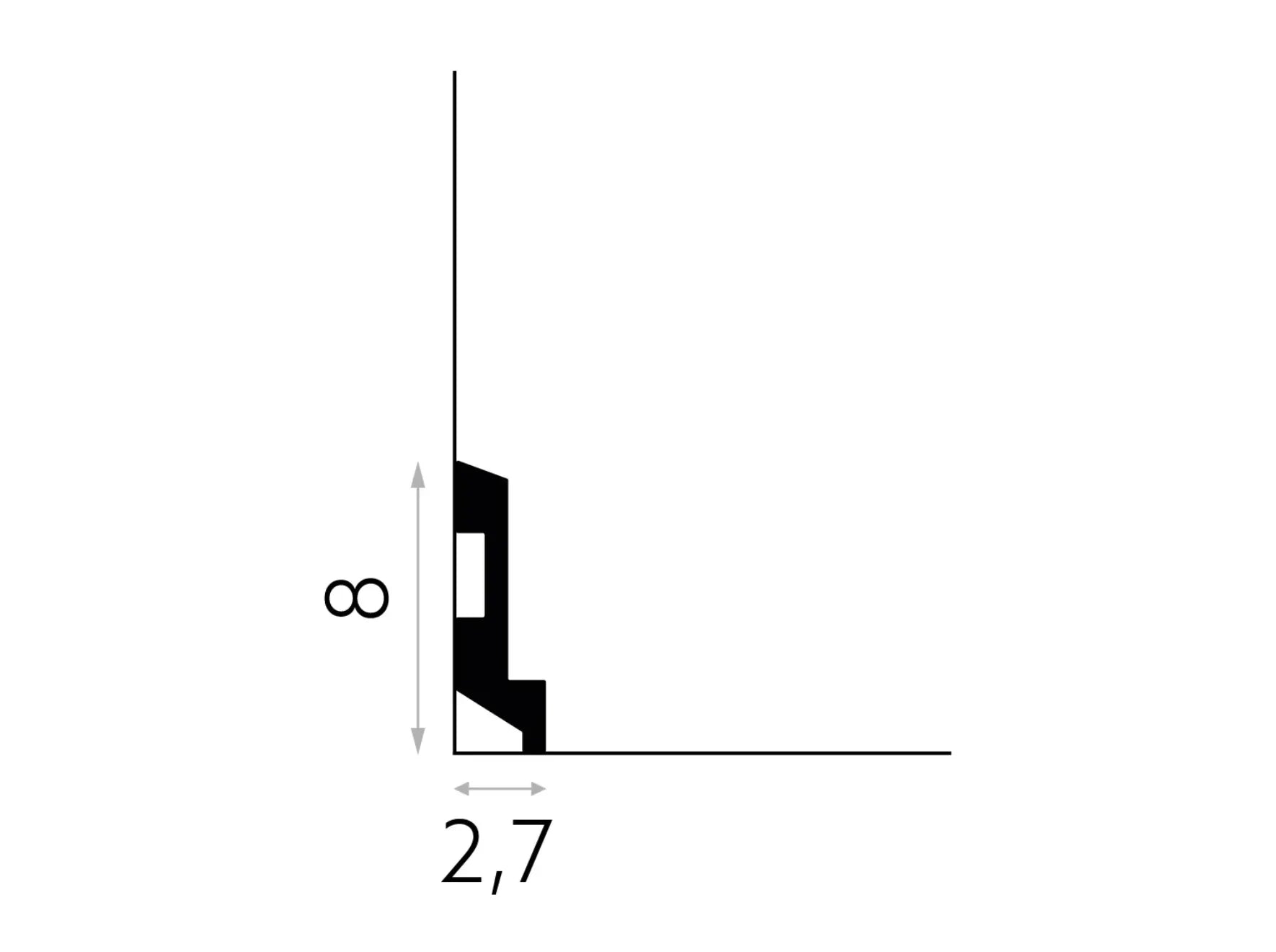 Schéma technique de la plinthe MD024 – coupe latérale – 200 cm x 8 cm x 2,7 cm – profil mouluré