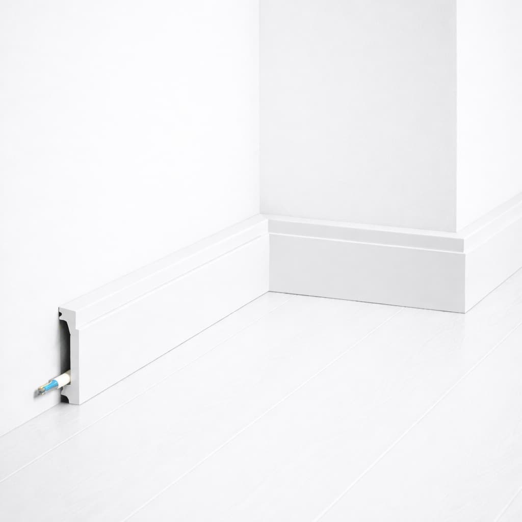 Plinthe décorative blanche MD027 avec moulure classique et passage de câble intégré – 200 x 6 x 1,3 cm