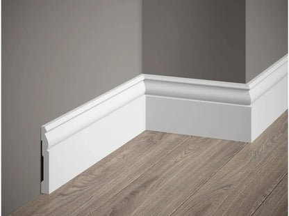 Plinthe décorative blanche MD094 – design mouluré classique – dimensions 200 x 9,4 x 1,2 cm – pose en angle
