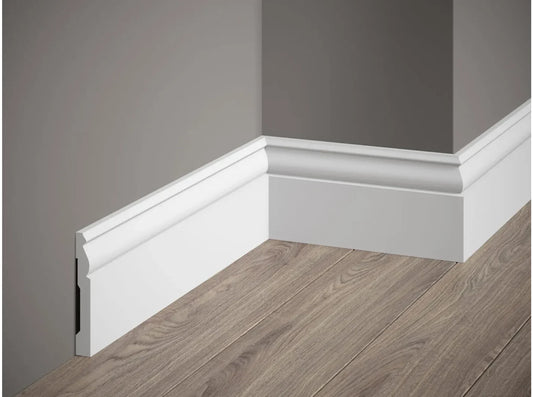 Plinthe décorative blanche MD094 – design mouluré classique – dimensions 200 x 9,4 x 1,2 cm – pose en angle

