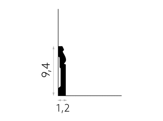 Schéma technique de la plinthe décorative MD094 – coupe latérale – hauteur 9,4 cm, épaisseur 1,2 cm