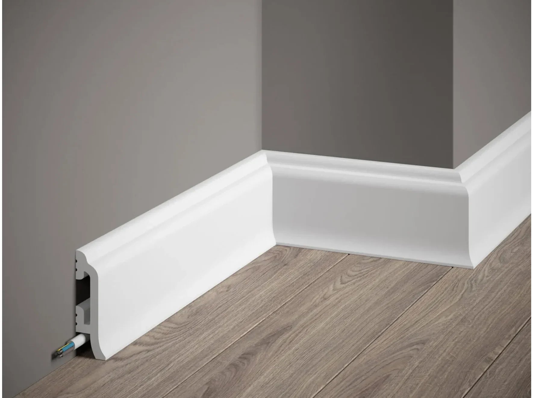 Plinthe décorative MD8300 blanche – finition galbée avec goulotte intégrée – 200 x 8,2 x 2,6 cm