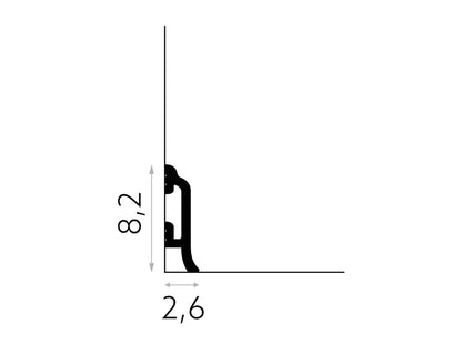 Schéma technique de la plinthe MD8300 – dimensions 200 cm x 8,2 cm x 2,6 cm – profil galbé avec passe-câble