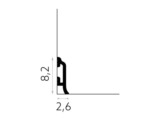 Schéma technique de la plinthe MD8300 – dimensions 200 cm x 8,2 cm x 2,6 cm – profil galbé avec passe-câble