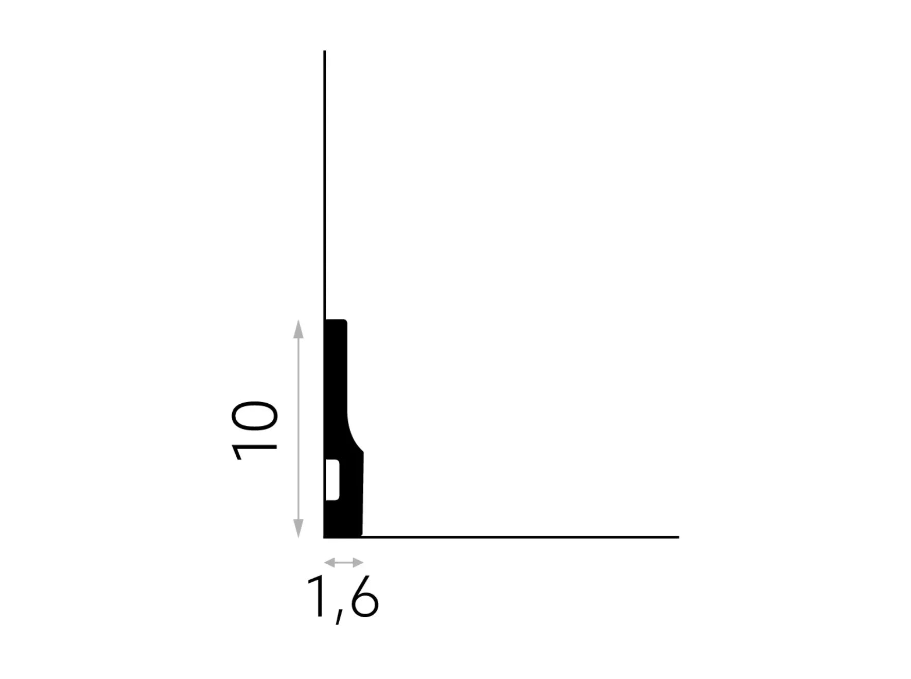 Schéma technique de la plinthe QS009 – profil mouluré – hauteur 10 cm, épaisseur 1,6 cm