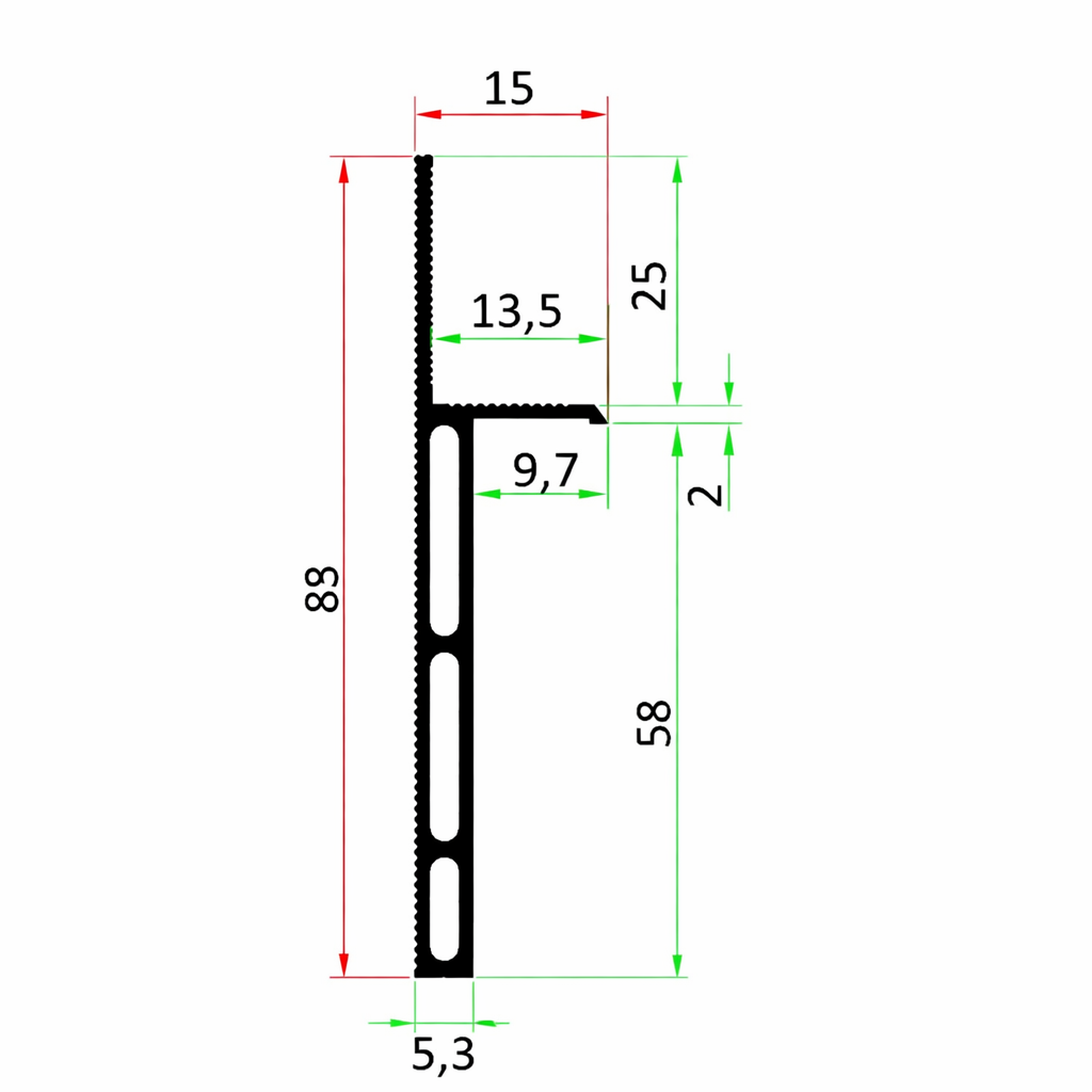 Schéma technique profil plinthe invisible bois pour cloison placo BA13 avec dimensions